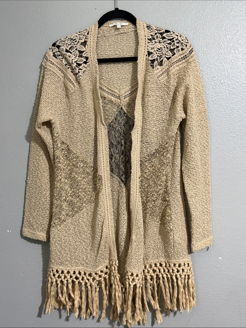 Miss Me Cream Open-Front Crochet Fringe Cardigan